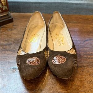 Salvatore Ferragamo Brown Suede Flats with Snakeskin Accents